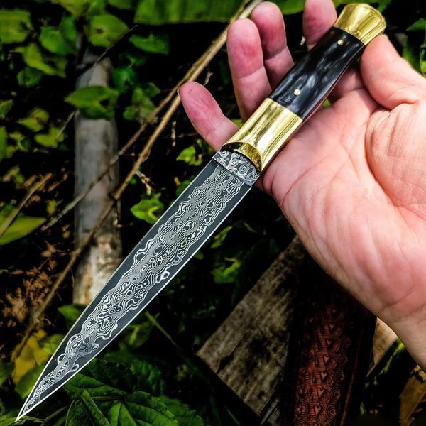 Мисливський ніж з фіксованим клинком із дамаської сталі та шкіряними піхвами DM-V42 фото