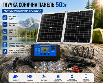 Гибкая солнечная панель 50Вт монокристаллическая складная с контроллером 10A, USB 5V и выходом DC 18V solar50w фото